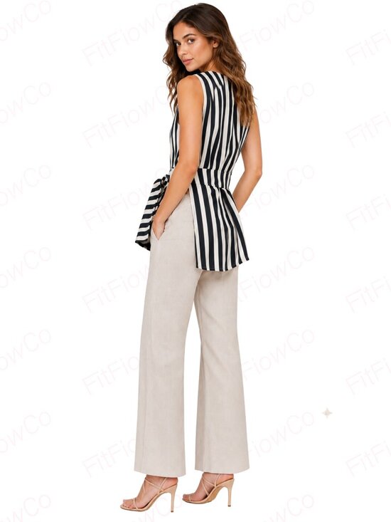 Gracia Tops - Gracia Black White Striped Open Side Tie Waist Tunic Top Women L